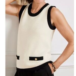 Talbots Cream & Black Sleeveless Sweater Top Vest Shell Knit Gold Buttons M MP